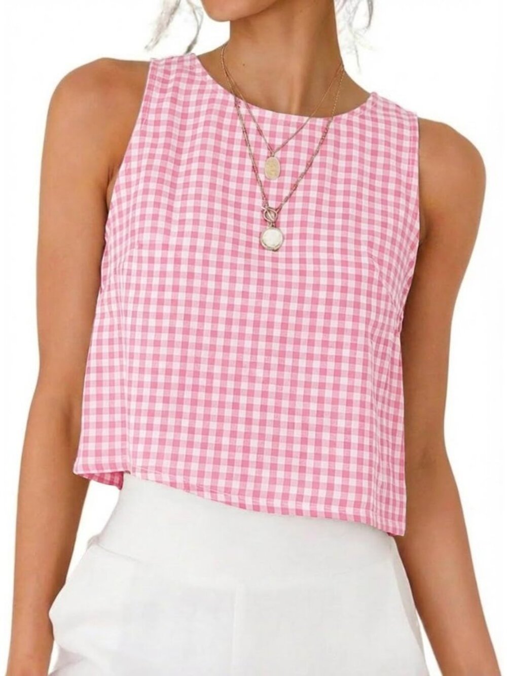 Women's Pink 100% Cotton Crew Neck Spring Summer Sleeveless Gingham Tank Tops